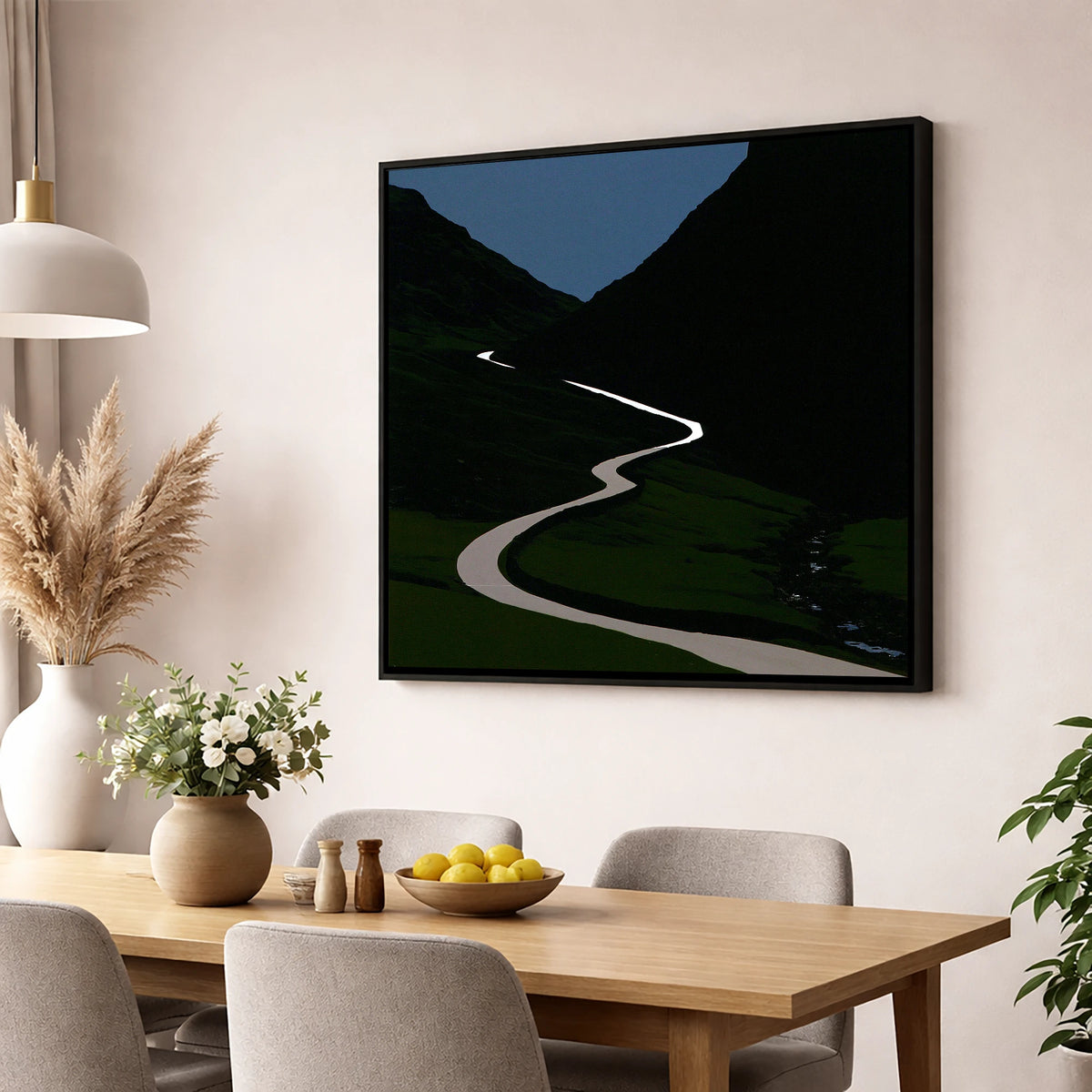 Twilight Winding Mountain Pass lake district valley wall art displayed in a dining room