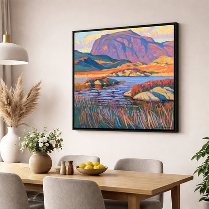 Vibrant Haystacks and Mountain Tarn lake district fell wall art displayed in a dining room
