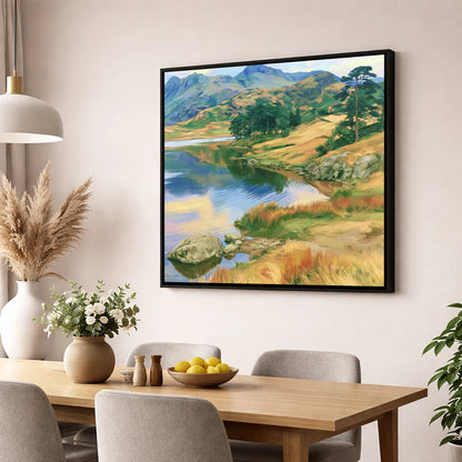 Pine Copse by the Fellside Lake lake district lake wall art displayed in a dining room