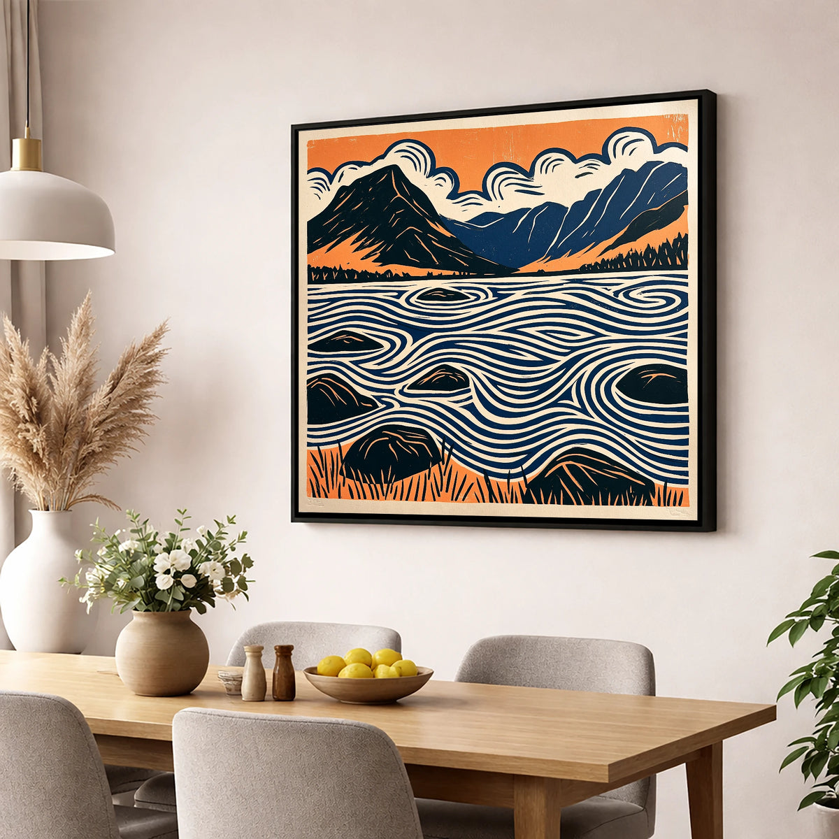 Crummock Water with Swirling Waves lake district lake wall art displayed in a dining room