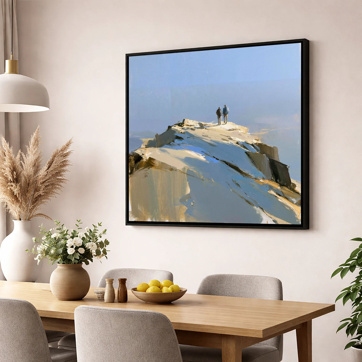Hikers on the Sunlit Summit lake district fell wall art displayed in a dining room