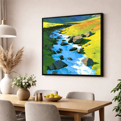 Cobalt Blue Fellside Beck lake district waterfall wall art displayed in a dining room