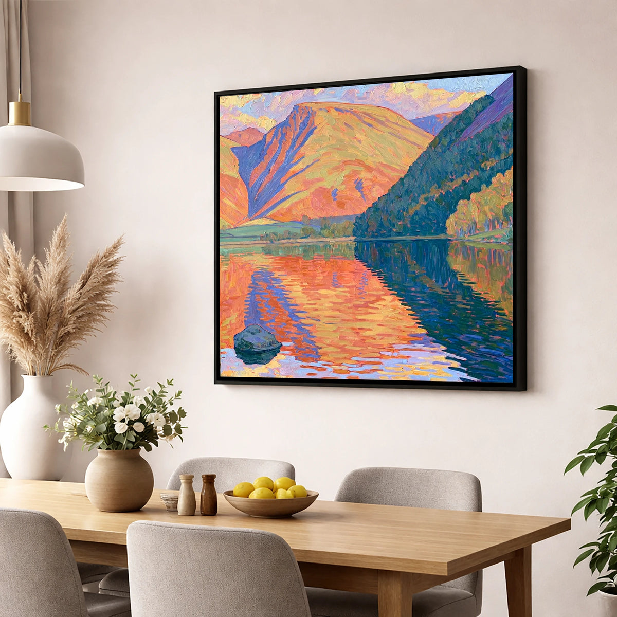 Vibrant Loweswater Sunset Reflections lake district lake wall art displayed in a dining room