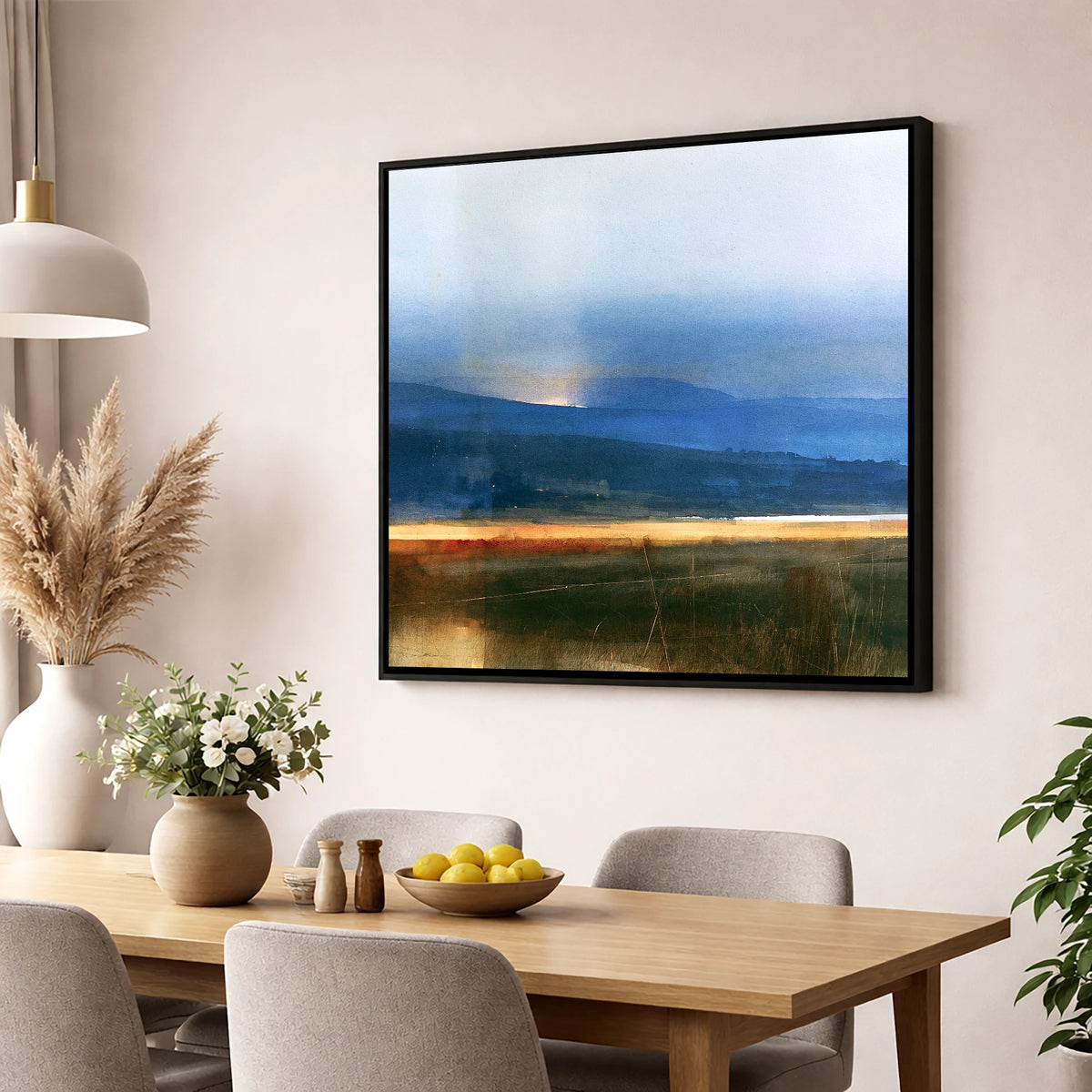 Evening Sun on Indigo Fells lake district sky wall art displayed in a dining room
