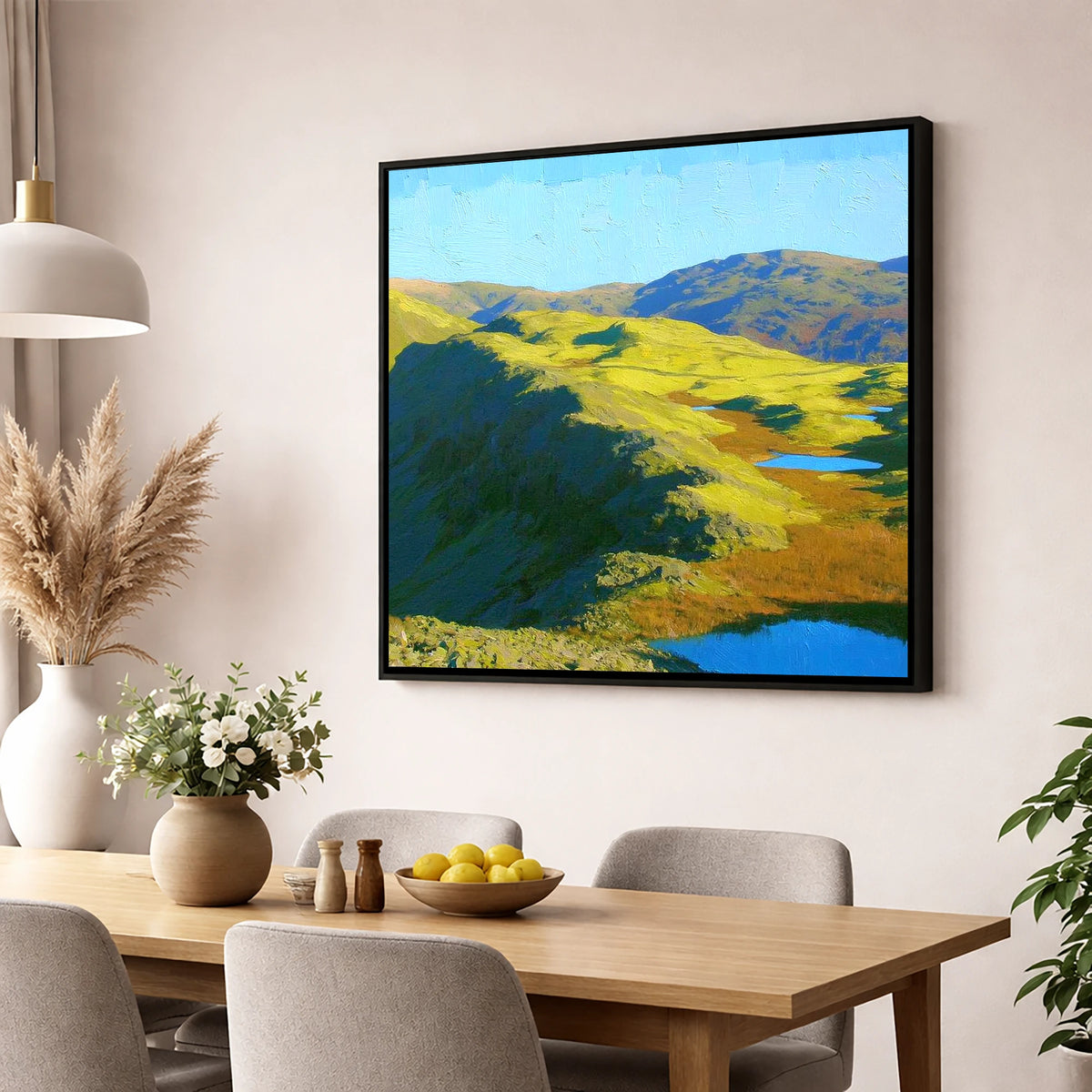 Vibrant Blea Rigg and Tarns lake district fell wall art displayed in a dining room