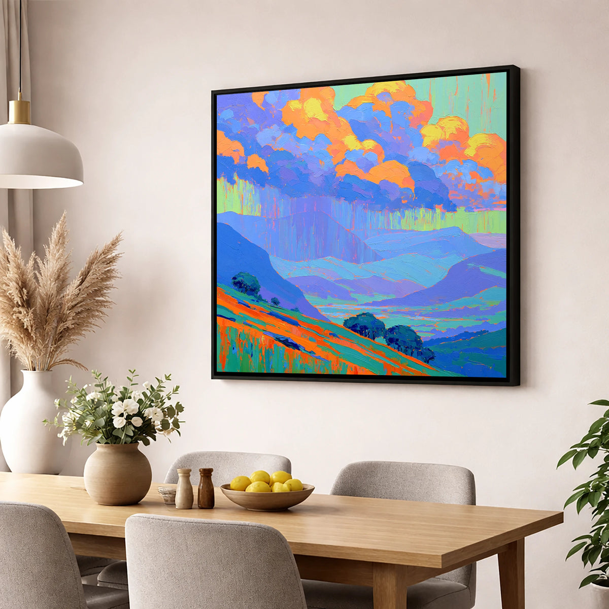 Vibrant Storm Clouds Over Fells lake district sky wall art displayed in a dining room