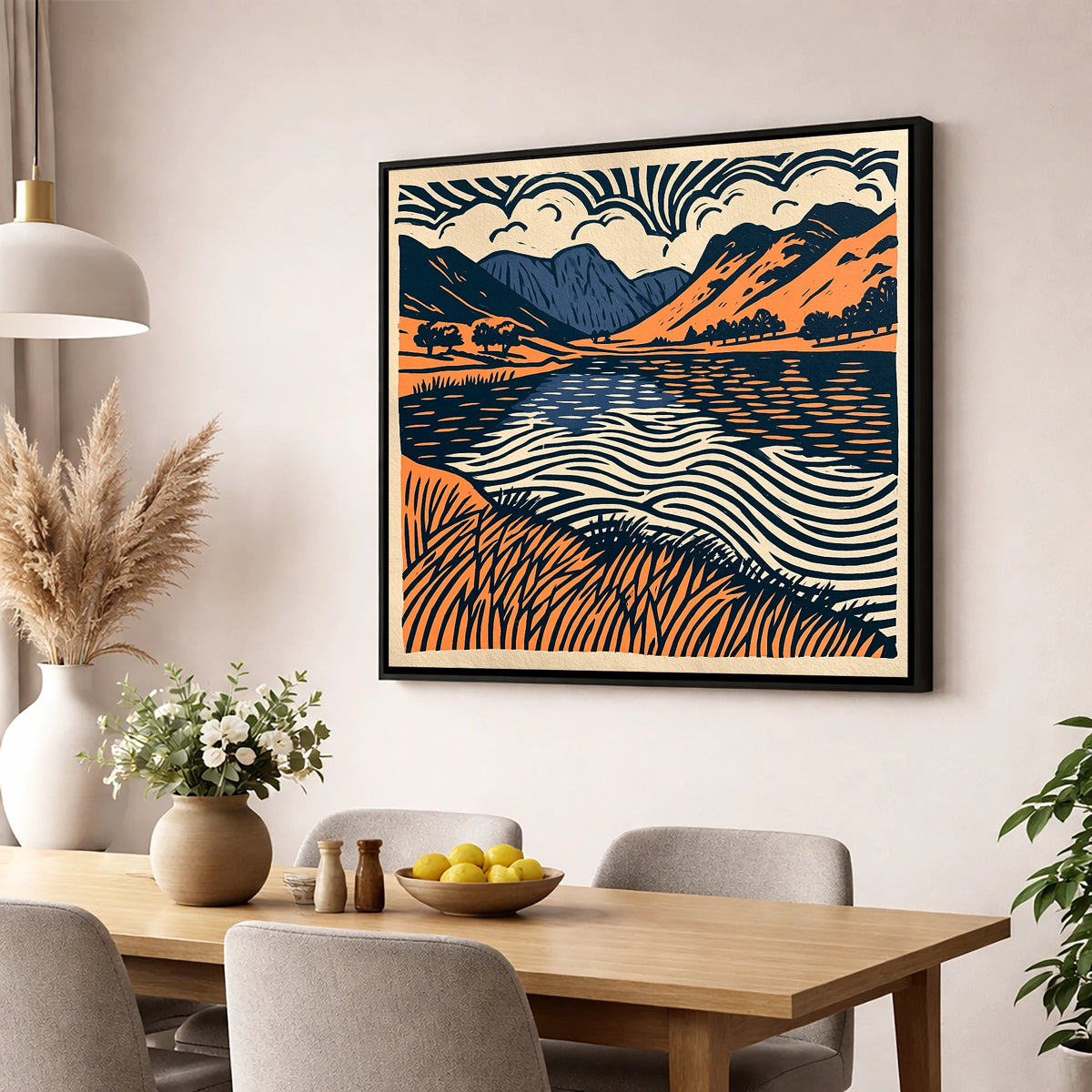 Calm Lake in Navy and Terracotta lake district lake wall art displayed in a dining room