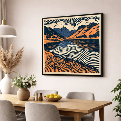 Calm Lake in Navy and Terracotta lake district lake wall art displayed in a dining room