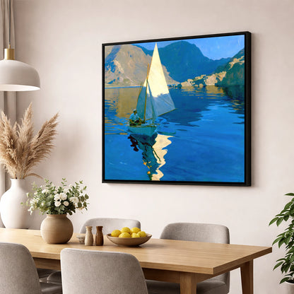 Sunlit Sailboat on a Breezy Lake lake district walking wall art displayed in a dining room