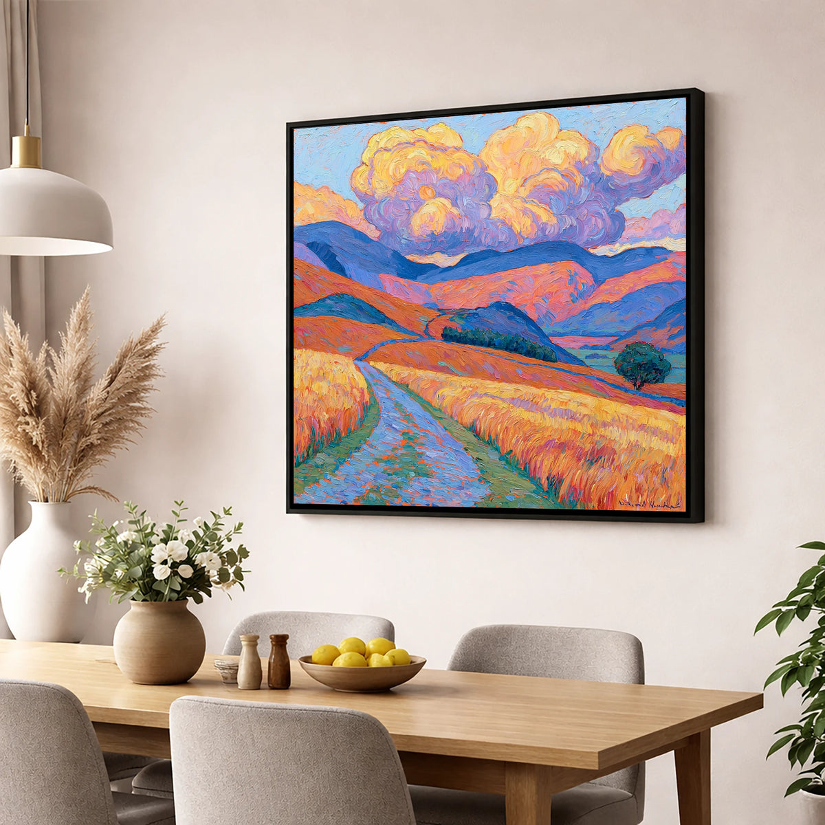 Golden Fells Under Storm Clouds lake district sky wall art displayed in a dining room