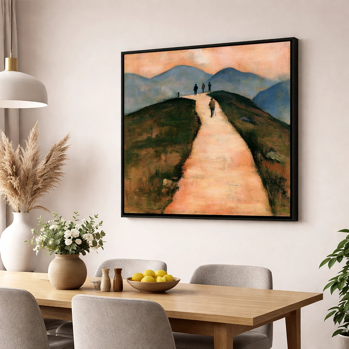 Walkers on a Warm Mountain Path lake district walking wall art displayed in a dining room
