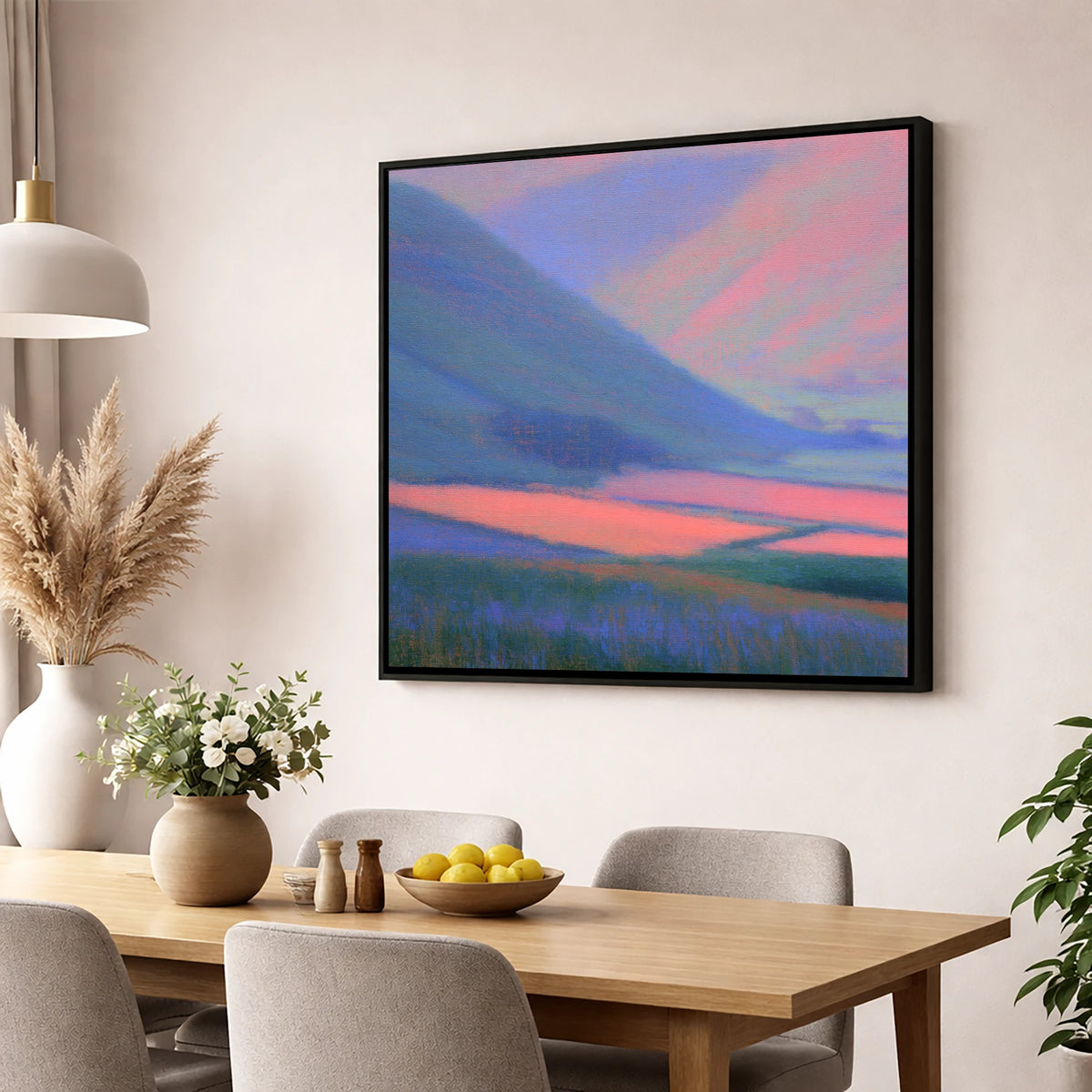 Pink Light on Dale Fields lake district valley wall art displayed in a dining room