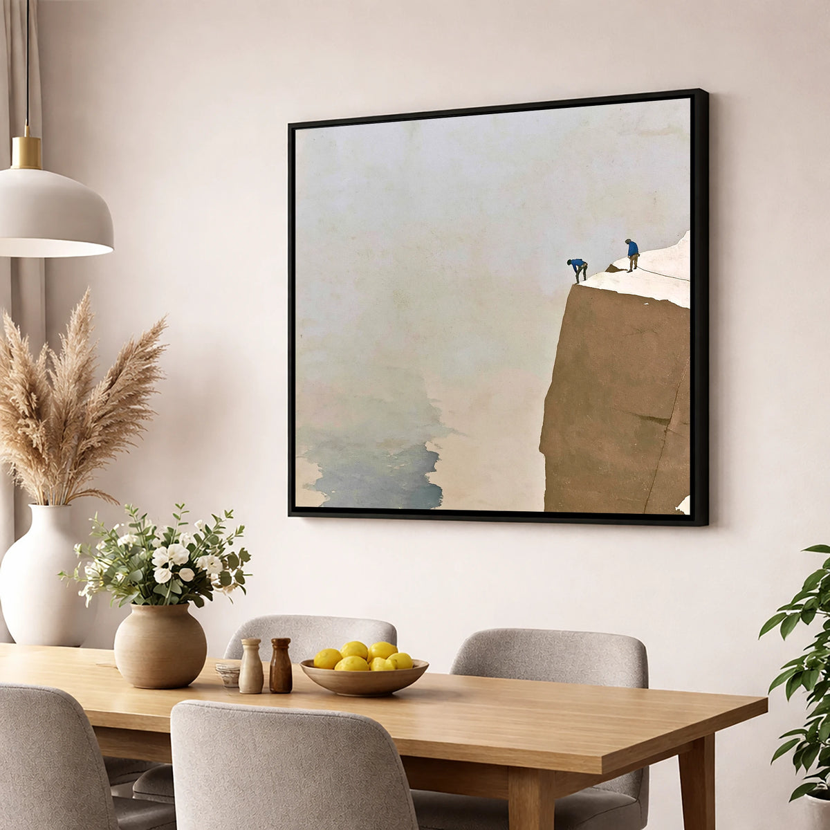 Climbers on a High Snowy Ledge lake district walking wall art displayed in a dining room