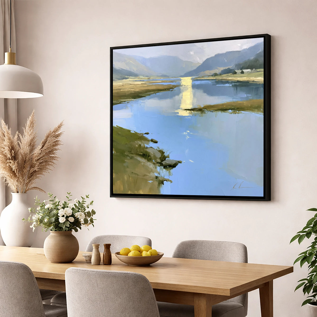 Golden Reflection on the Lake lake district lake wall art displayed in a dining room