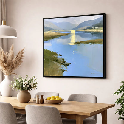 Golden Reflection on the Lake lake district lake wall art displayed in a dining room