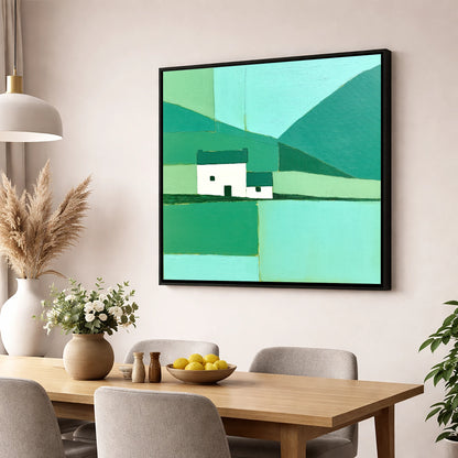 Geometric Grasmere Cottage and Fells lake district lake wall art displayed in a dining room