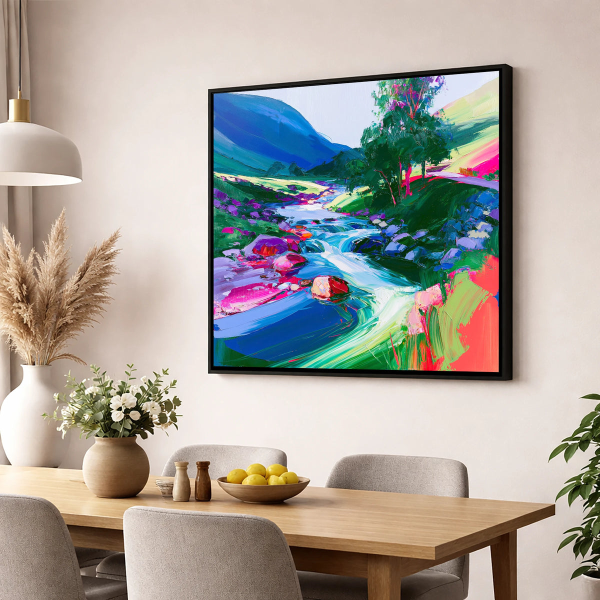 Electric Blue Rushing Fellside Beck lake district waterfall wall art displayed in a dining room