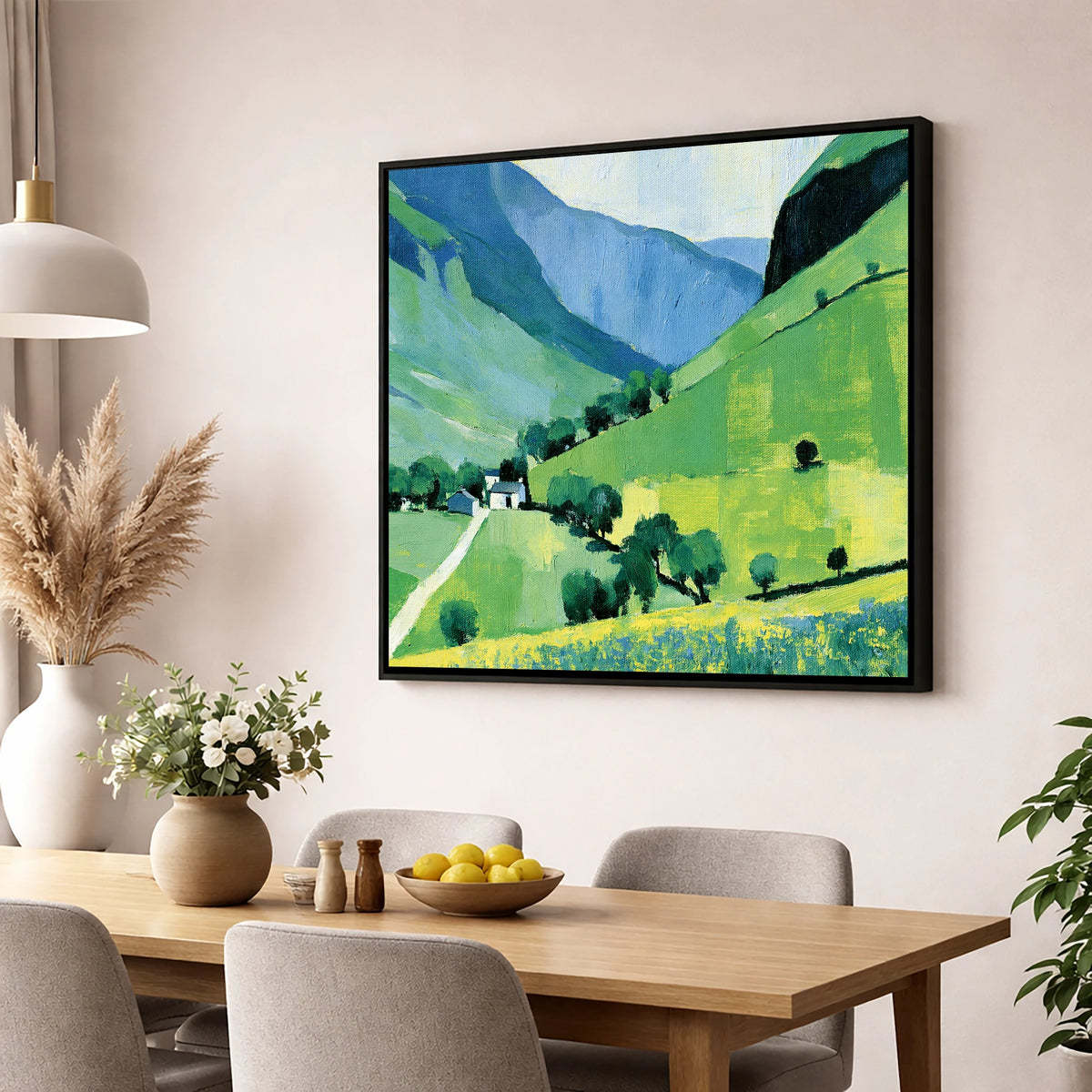 Vibrant Green Valley and Fells lake district valley wall art displayed in a dining room