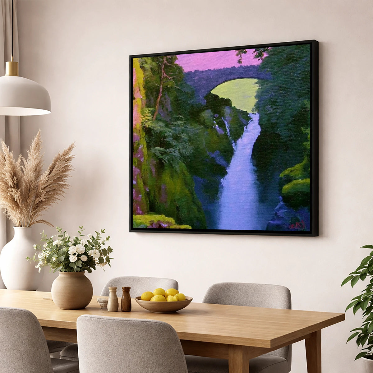 Aira Force Waterfall Magenta Sky lake district waterfall wall art displayed in a dining room
