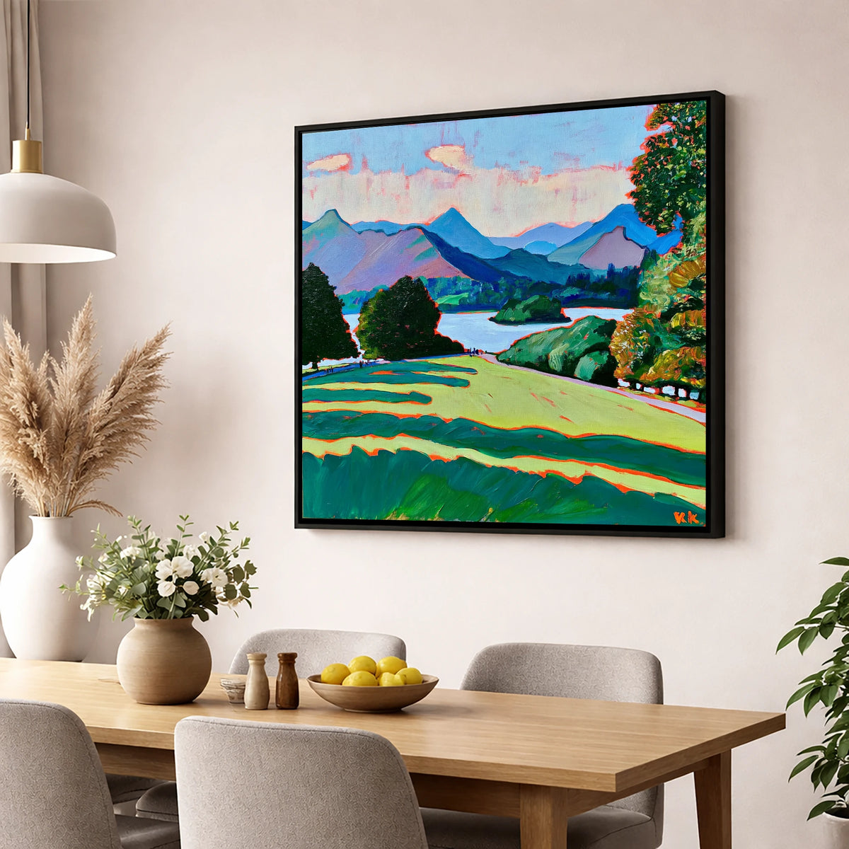Vibrant Derwentwater From Crow Park lake district village wall art displayed in a dining room