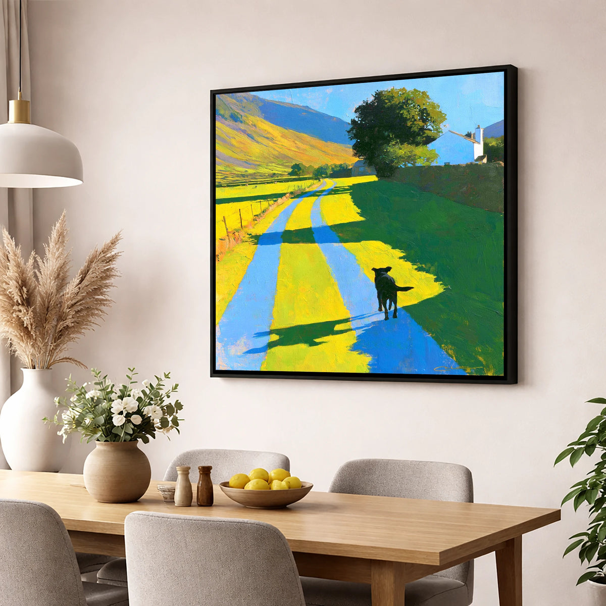 Summer Dog Walk in Wasdale gifts for dog walkers wall art displayed in a dining room