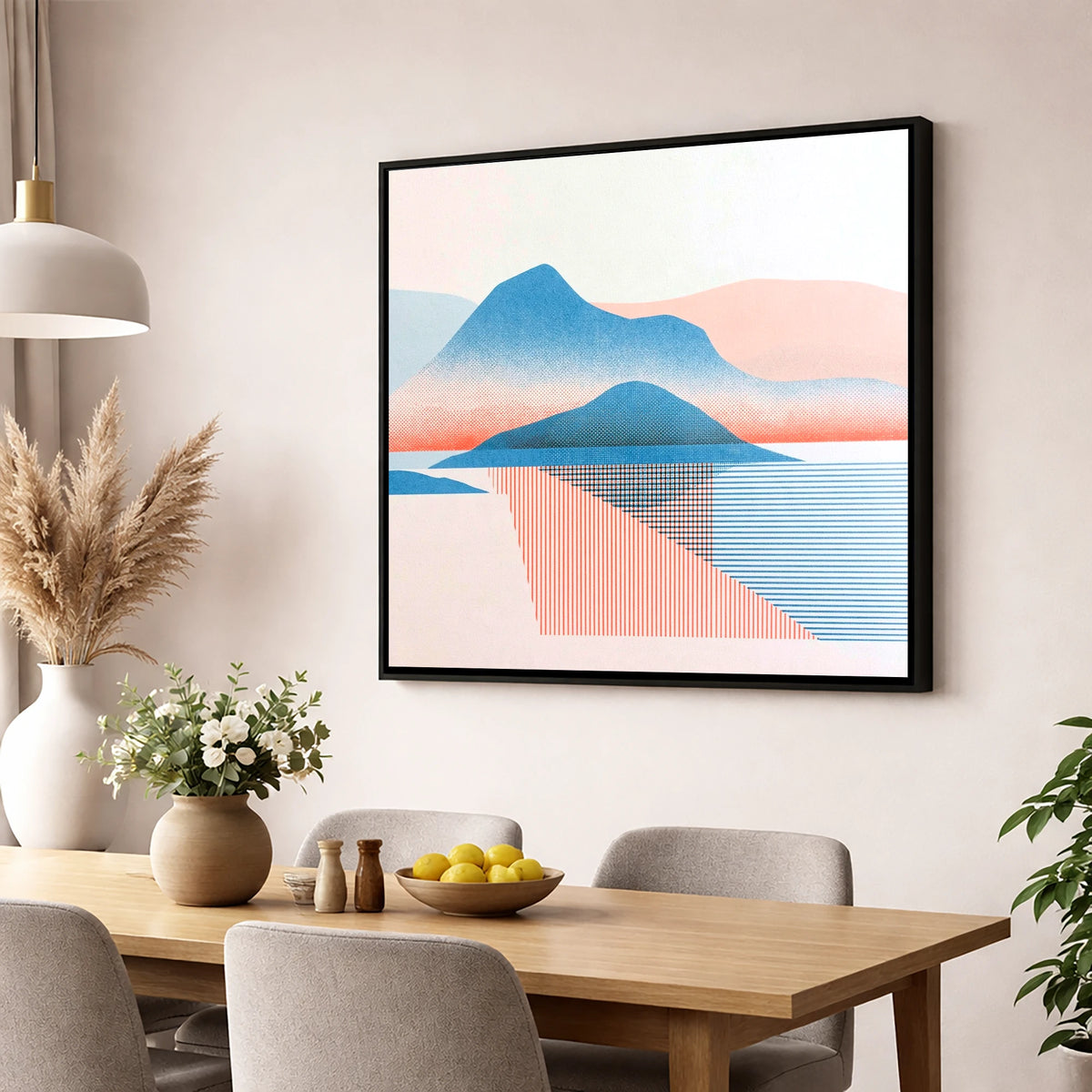 Graphic Catbells In Blue And Coral lake district fell wall art displayed in a dining room