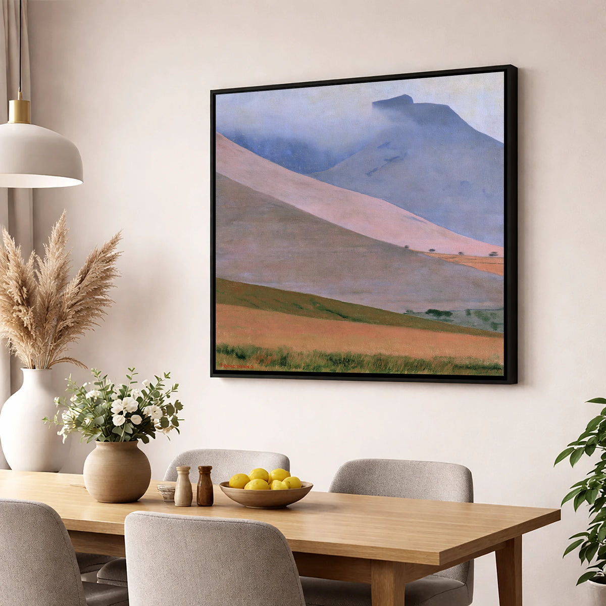 Dusk Pink Fells Under Cloud lake district fell wall art displayed in a dining room