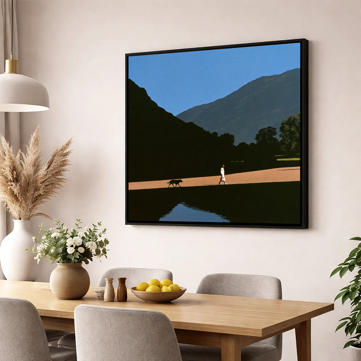 Patterdale Dog Walk Silhouette gifts for dog walkers wall art displayed in a dining room