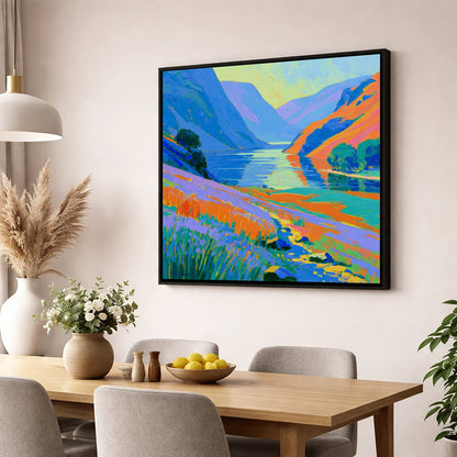 Vibrant Lake and Steep Fells lake district lake wall art displayed in a dining room