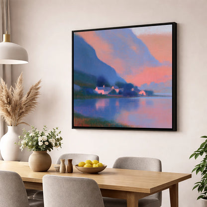 Lakeside Hamlet Beneath Indigo Fells lake district village wall art displayed in a dining room