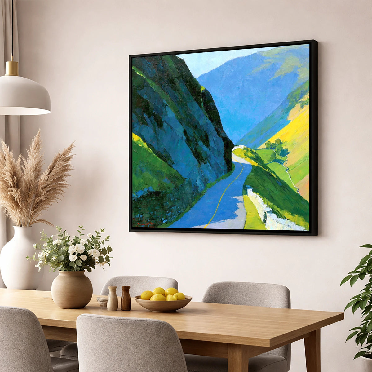 Honister Pass in Vivid Sunlight lake district valley wall art displayed in a dining room