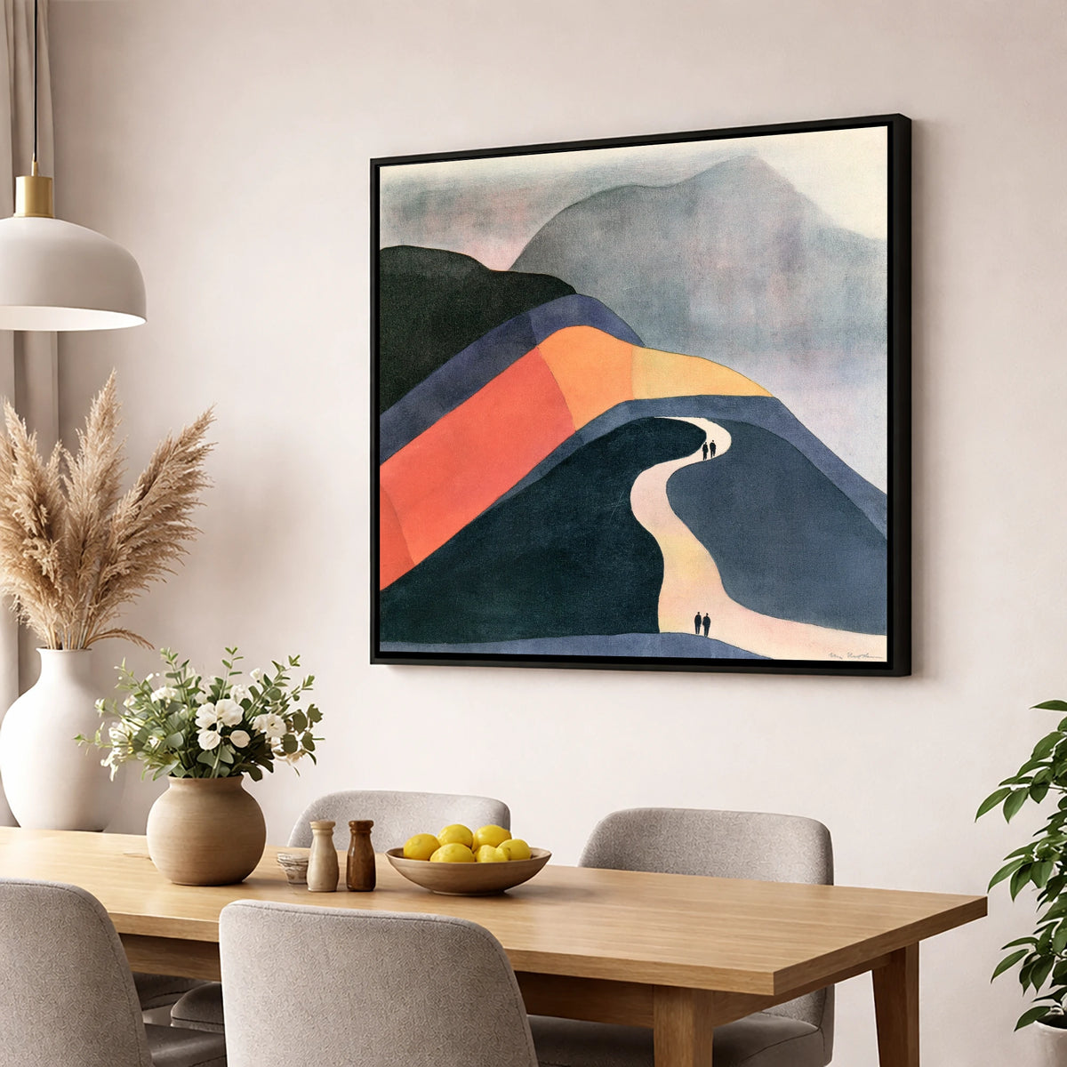 Bold Fell Path With Walkers lake district walking wall art displayed in a dining room