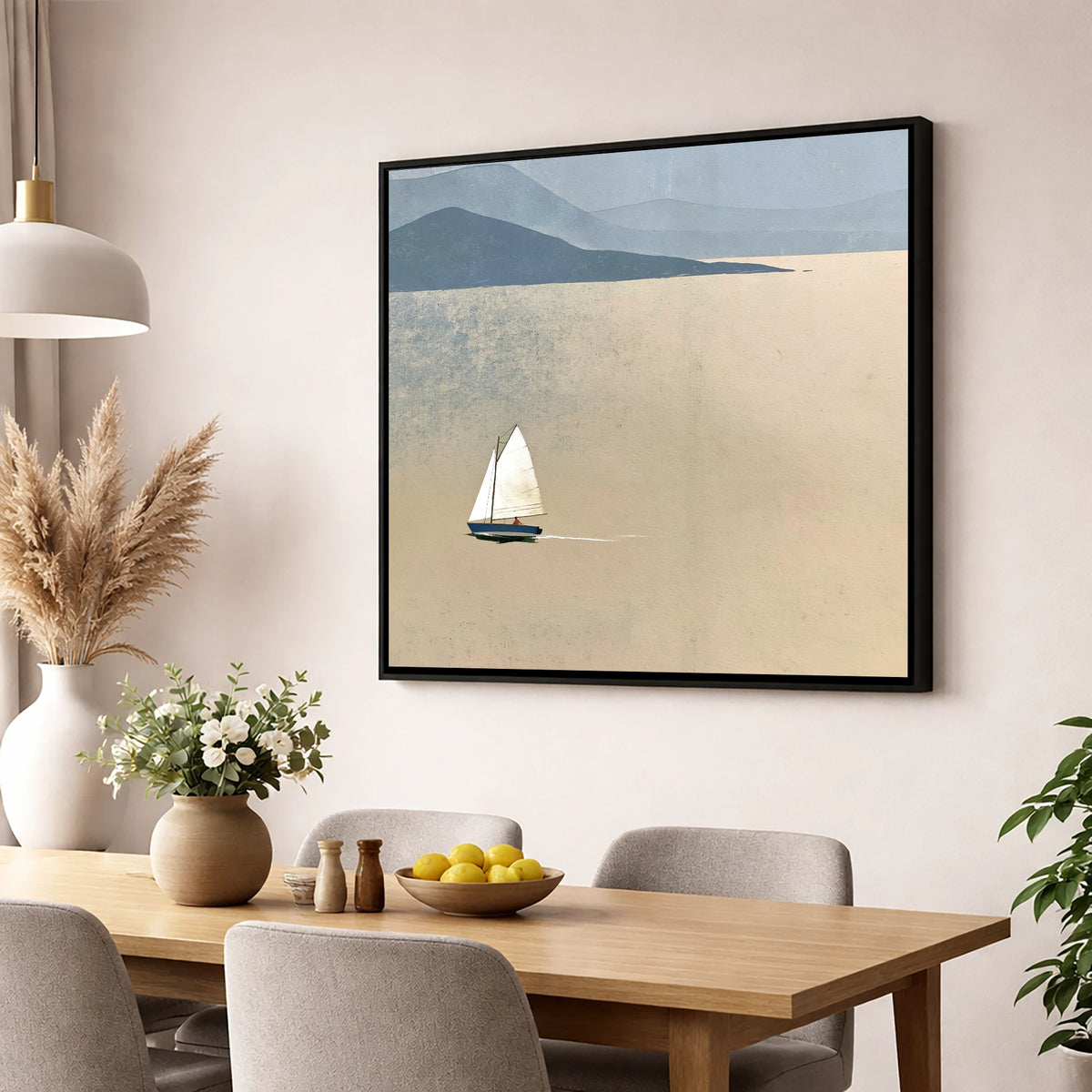 White Sail Across the Ochre Lake lake district walking wall art displayed in a dining room