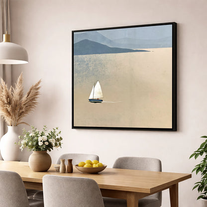White Sail Across the Ochre Lake lake district walking wall art displayed in a dining room