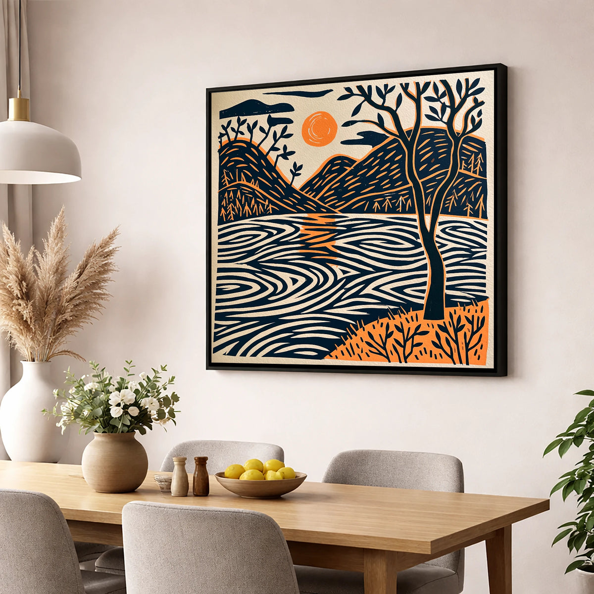 Dawn Lake in Terracotta and Navy lake district lake wall art displayed in a dining room