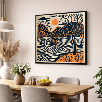 Dawn Lake in Terracotta and Navy lake district lake wall art displayed in a dining room