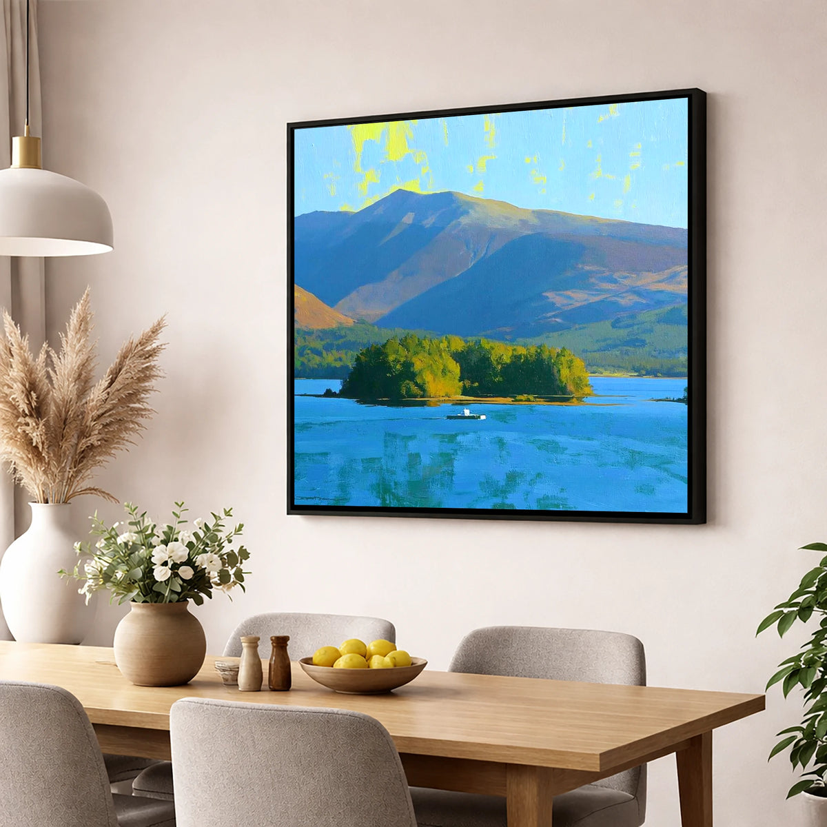 Vibrant Skiddaw Above Derwentwater lake district fell wall art displayed in a dining room