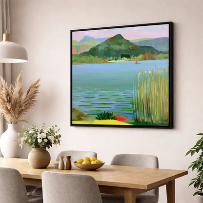 Vibrant Reeds on Grasmere Water lake district lake wall art displayed in a dining room
