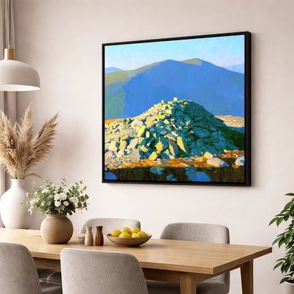 Sunlit Haycock Summit Cairn lake district fell wall art displayed in a dining room
