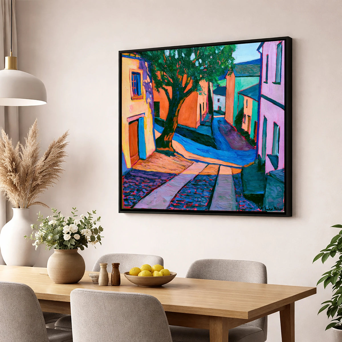 Cobbled Village Street in Vivid Colour lake district village wall art displayed in a dining room