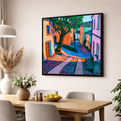 Cobbled Village Street in Vivid Colour lake district village wall art displayed in a dining room
