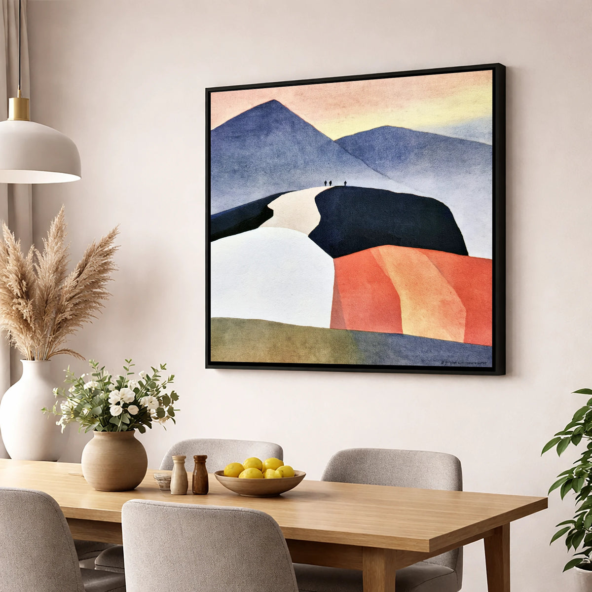 Fell Summit in Terracotta and Indigo lake district fell wall art displayed in a dining room