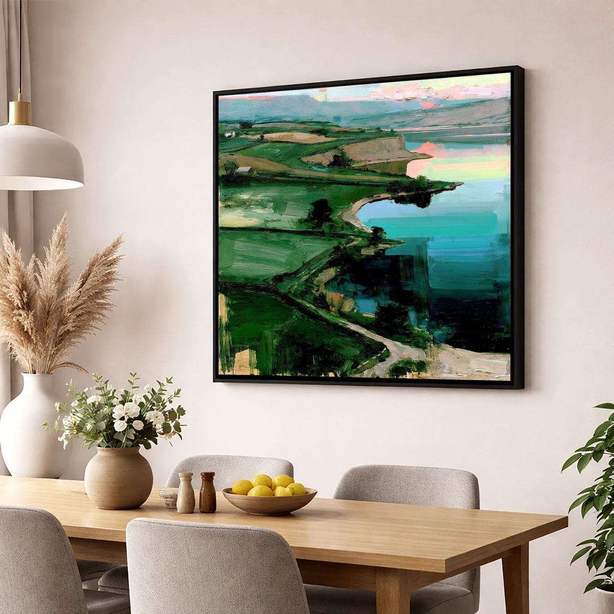 Pink Sky Over Turquoise Lake lake district lake wall art displayed in a dining room