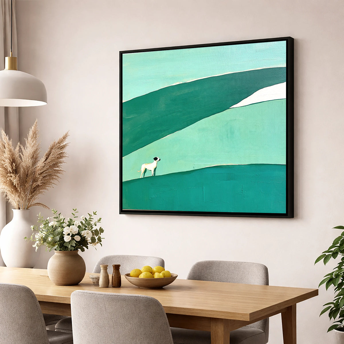 Minimalist Dog on Latrigg Summit gifts for dog walkers wall art displayed in a dining room