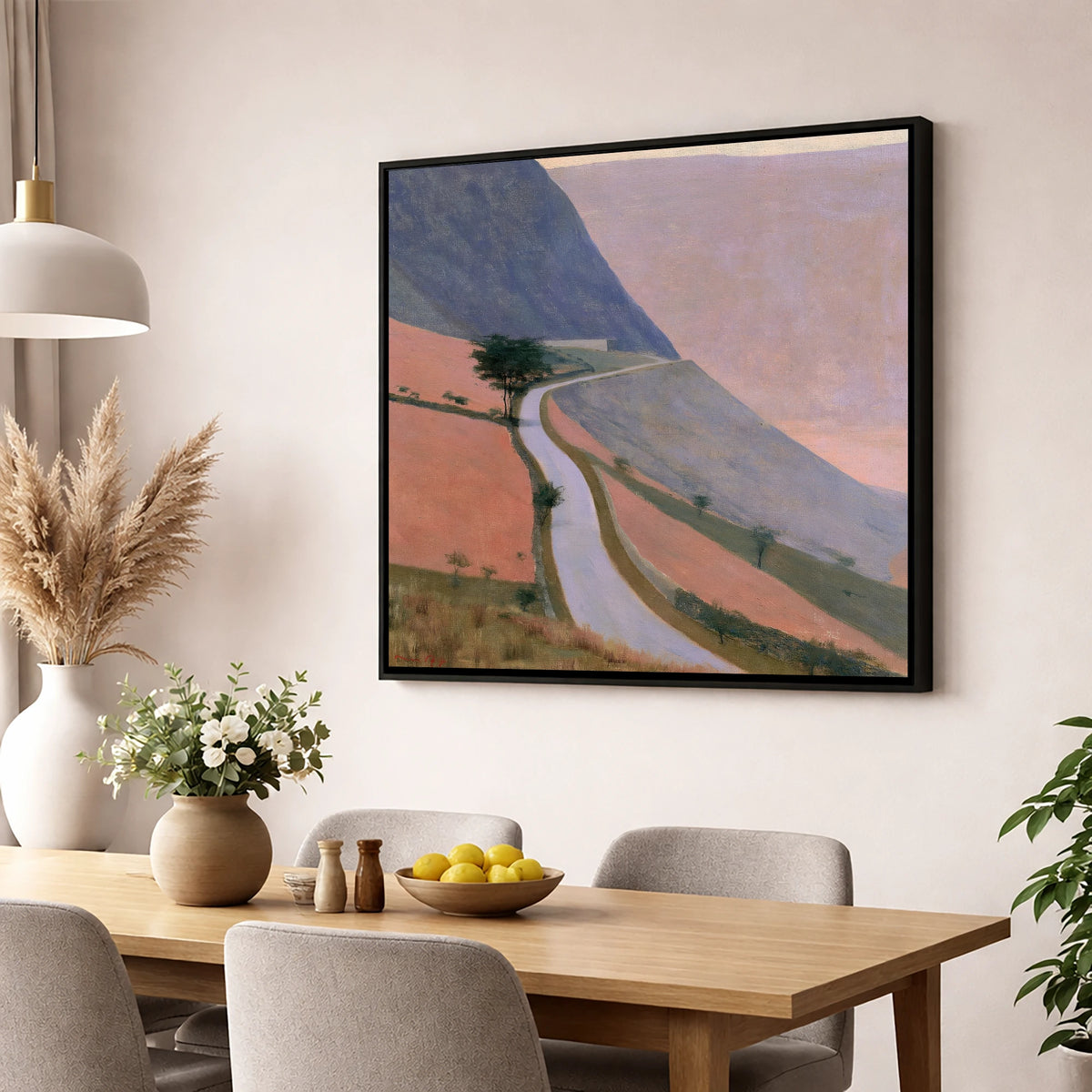 Winding Mountain Pass in Dusk Pink lake district valley wall art displayed in a dining room