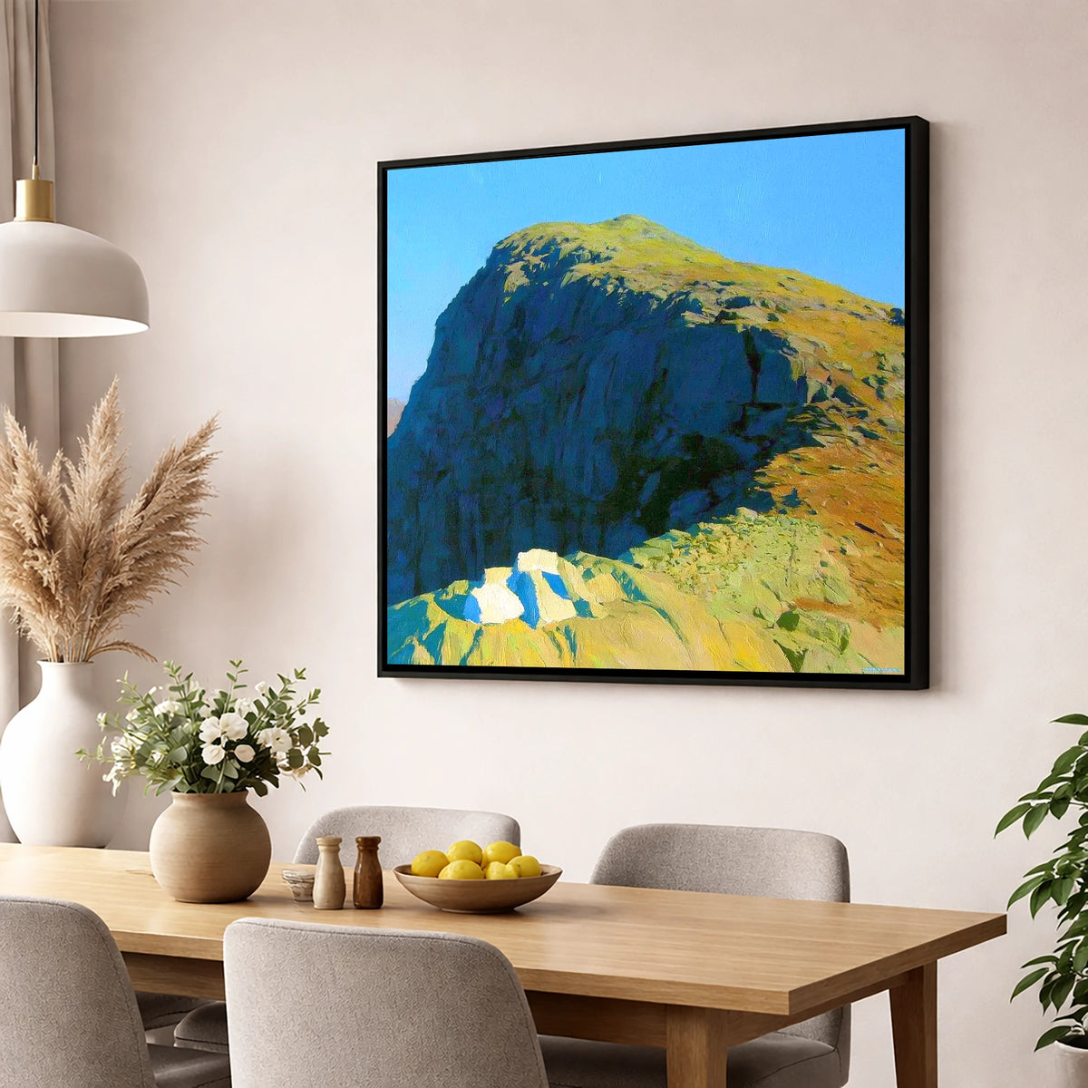 Sunlit Crags of Harrison Stickle lake district fell wall art displayed in a dining room