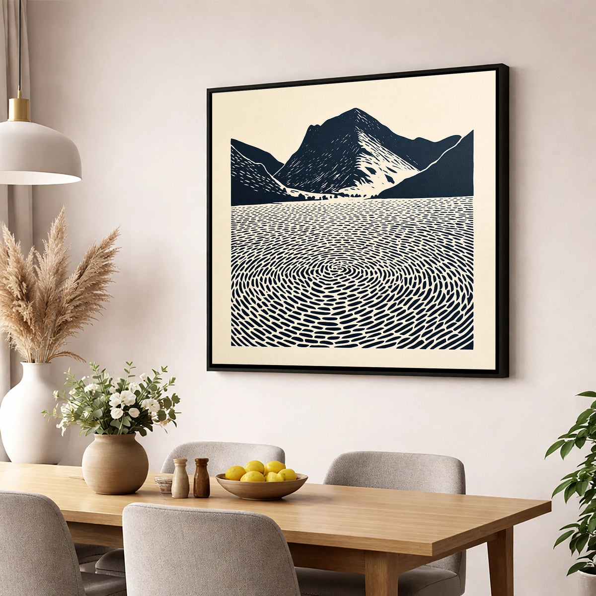 Swirling Water at Buttermere lake district lake wall art displayed in a dining room