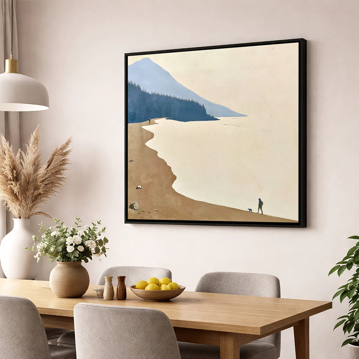 Misty Shoreline Walk with Dog lake district lake wall art displayed in a dining room