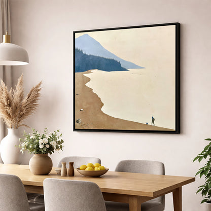 Misty Shoreline Walk with Dog lake district lake wall art displayed in a dining room