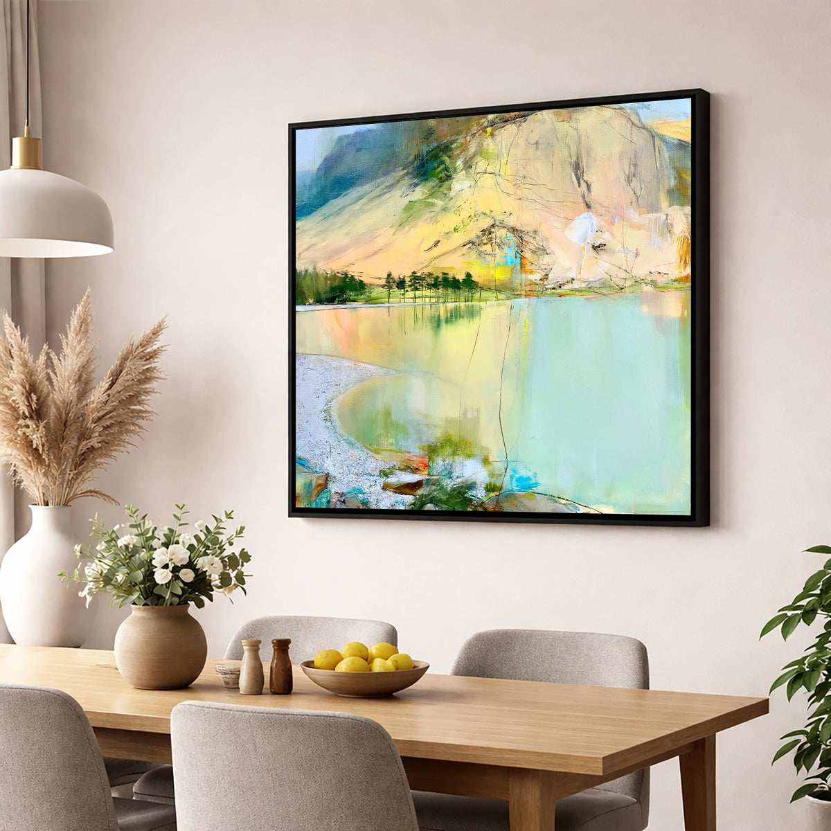 Curving Pebble Shore at Buttermere lake district lake wall art displayed in a dining room